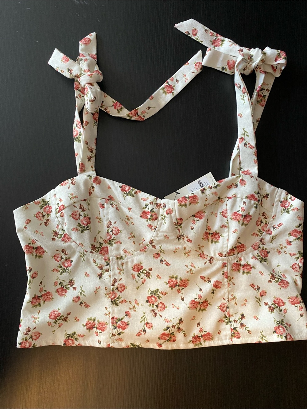 Francesca’s mi ami Cream Floral Tie-Strap Cropped Top - Linen/Cotton Blend XL